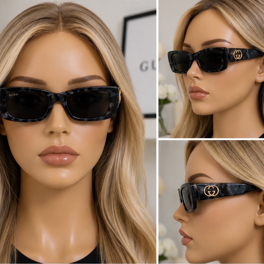 New Authentic Gucci Black & Grey Sunglasses with Gold GG Logo